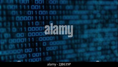 Image of blue binary code changing on black background Stock Photo