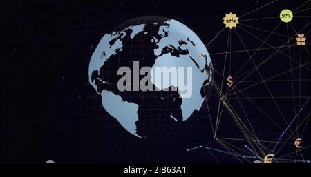 Image of network of connections with shopping icons over rotating globe Stock Photo