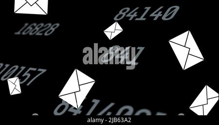 Image of envelope email icons floating and changing numbers on black background Stock Photo
