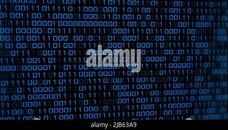 Image of blue binary code changing on black background Stock Photo