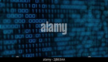 Image of blue binary code changing on black background Stock Photo