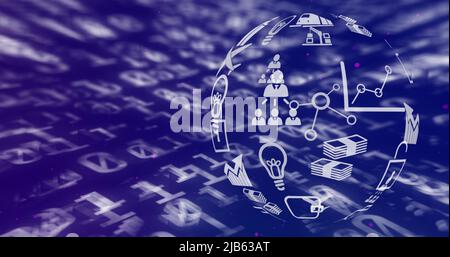 Globe of digital icons spinning against binary coding data processing on blue background Stock Photo
