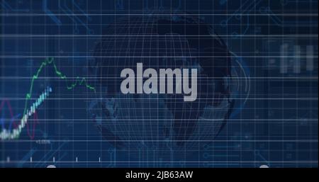 Image of financial data and graphs over rotating globe Stock Photo