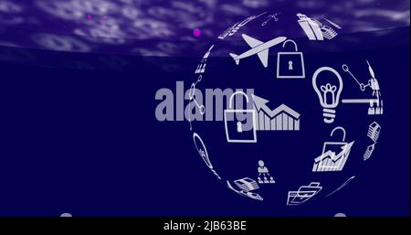 Globe of digital icons spinning against binary coding data processing on blue background Stock Photo