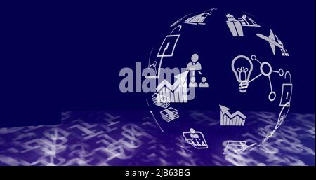 Globe of digital icons spinning against binary coding data processing on blue background Stock Photo