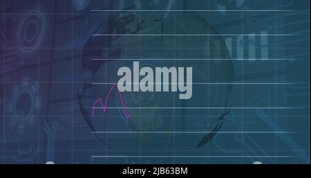 Image of financial data and graphs over rotating globe Stock Photo