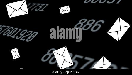 Image of envelope email icons floating and changing numbers on black background Stock Photo