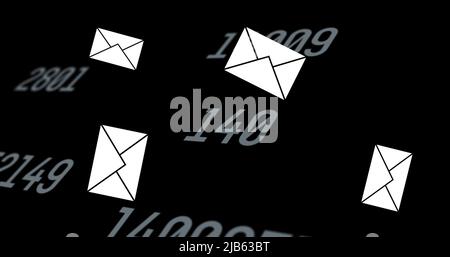 Image of envelope email icons floating and changing numbers on black background Stock Photo