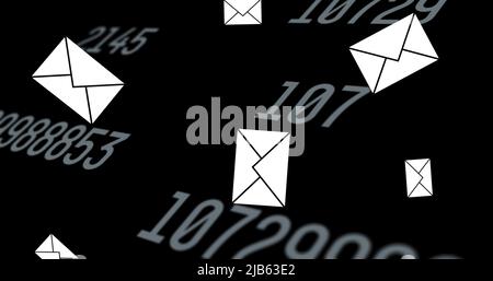 Image of envelope email icons floating and changing numbers on black background Stock Photo