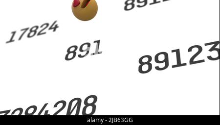 Image of emoji icons floating and numbers changing on white background ...