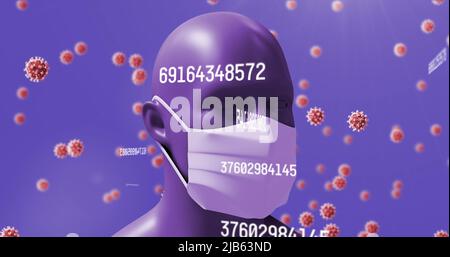 Image of virus cells and numbers and human with face mask and data processing Stock Photo