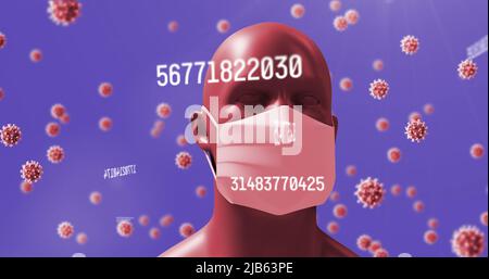 Image of virus cells and numbers and human with face mask and data processing Stock Photo