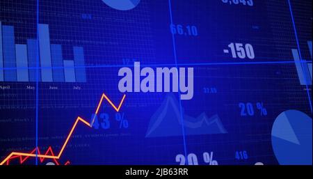 Image of financial data processing on blue background Stock Photo