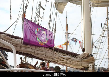 Gloucester, UK, 3rd June, 2022. UK Weather. Beautiful day for a walk around the Gloucester Quays as the Tall Ships event opens for the Queen's Platinum Jubilee weekend. Credit: Gary Learmonth Alamy / Live News Stock Photo