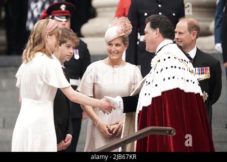 The Earl and Countess of Wessex and their two children, Lady Louise Windsor and James Viscount Severn, arriving for the National Service of Thanksgiving at St Paul's Cathedral, London, on day two of the Platinum Jubilee celebrations for Queen Elizabeth II. Picture date: Friday June 3, 2022.