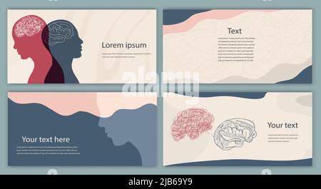 Template set. Metaphor bipolar disorder mind mental. Double face. Leaflet brochure. Split personality. Concept mood disorder. 2 Head silhouette.Poster Stock Vector
