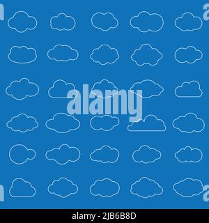Set of white cloud line icons in blue background.Cloud symbol for your web site design, logo, app, UI. Vector illustration Stock Vector