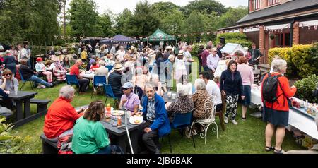 Didsbury, Manchester, UK. Thursday 2nd June 2022, Queen Elizabeth II Platinum Jubilee garden party at St James & Emmanuel Church, Didsbury Stock Photo