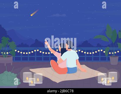 Couple stargazing on rooftop in evening flat color vector illustration Stock Vector