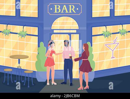 Young people standing near bar entrance flat color vector illustration Stock Vector