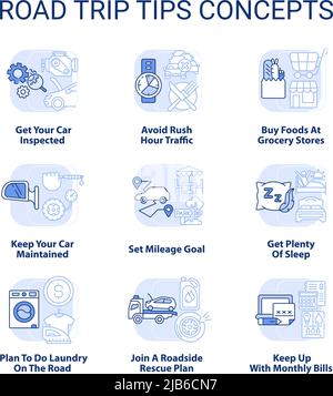Road trip tips light blue concept icons set Stock Vector