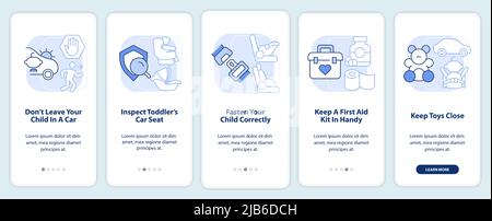 Road trip with toddlers tips light blue onboarding mobile app screen Stock Vector