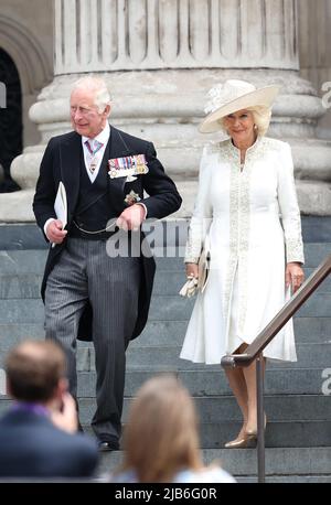 London, UK. 3rd June, 2022. Charles, Prince of Wales and Camilla, Duchess of Cornwall leaving a thanksgiving Service for HRH Queen Elizabeth II to celebrate her Platinum Jubilee at St Paul's Cathedral in London. Credit: James Boardman/Alamy Live News Stock Photo