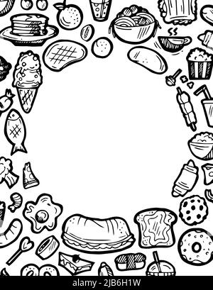 Set of food in form of ellipse. Border frame. Baking buns and meat dishes. Hand drawing outline. Isolated on white background. Monochrome drawing Stock Vector