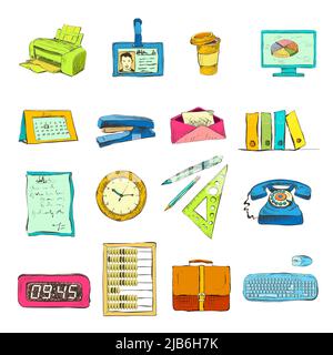 Business office stationery supplies icons set of telephone stapler ruler and pen isolated color sketch vector illustration Stock Vector