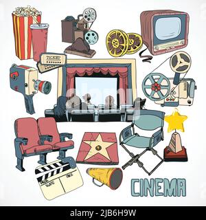 Vintage cinema with retro movie reel projector screen and couple kissing concept poster hand drawn vector illustration Stock Vector