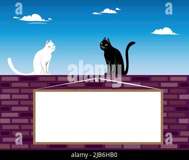 black and white cat. Two cats, black and white, are sitting on a brick wall. Clouds are floating in the sky. There is a board on the wall for any cute Stock Vector