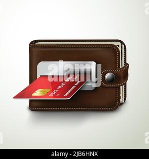Classic modern brown wallet with leather texture as an atm bank machine slot with credit card concept isolated vector illustration Stock Vector