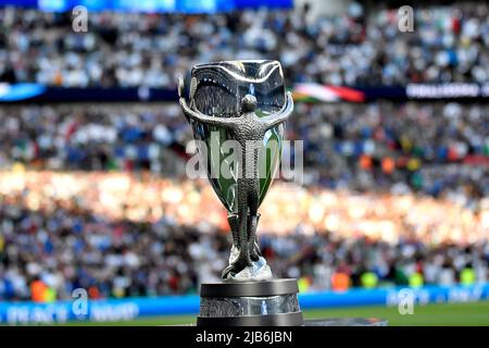 The trophy is seen during the Finalissima trophy 2022 football match between Italy and Argentina at Wembley stadium in London, England, June 1st, 2022 Stock Photo