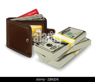 Classic modern brown leather pocket open wallet with credit card money bills and bank roll vector illustration Stock Vector