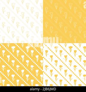 Set of seamless patterns with yellow crocus flowers, saffron. Vector background. Stock Vector