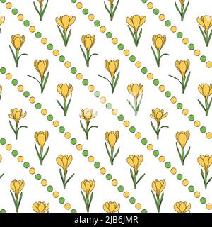 Seamless pattern with yellow crocus flowers, saffron. Vector background. Stock Vector