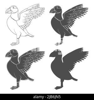 Set of black and white illustrations with puffin bird. Isolated vector objects on a white background. Stock Vector