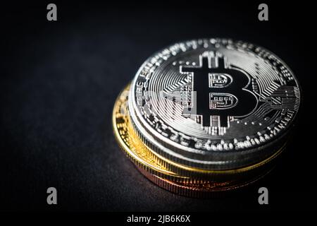 Pile of bitcoin coins on dark background Stock Photo
