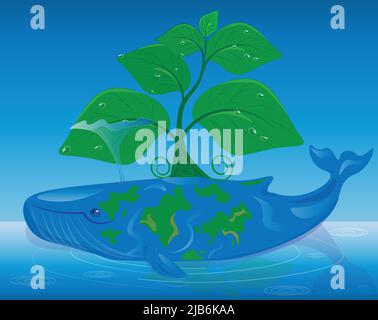 the ecology of our world. The whale personifies the planet earth in the ocean, an ecology tree grows on it. Let's save our beautiful nature together. Stock Vector