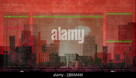 Image of data processing over cityscape on red background Stock Photo