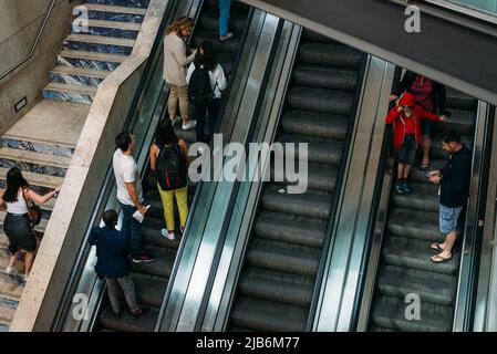 Lissabon, Portugal. 03rd June, 2022. Travelers use the escalators at Rossio station in Lisbon. In the popular vacation destination of Portugal, corona numbers are rising again due to the spread of the more contagious omicron sub-variant BA.5. Credit: Ágata Xavier/dpa/Alamy Live News Stock Photo
