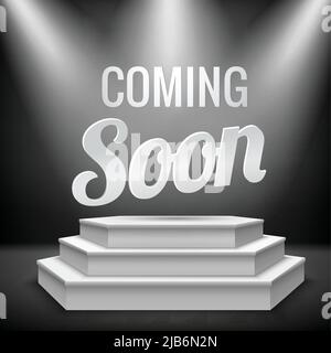 Coming soon new product promotion on illuminated with stage light blank podium realistic background vector illustration Stock Vector