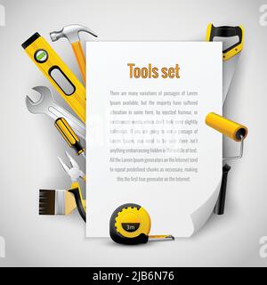 Realistic carpenter tools background frame with hammer saw pliers wrench screwdriver and measuring tape vector illustration Stock Vector