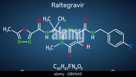 Raltegravir, RAL molecule. It is antiretroviral medication, used to treat HIV, AIDS. Structural chemical formula on the dark blue background. Vector i Stock Vector