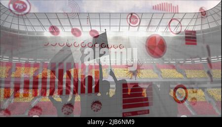 Coronavirus statistical data processing over silhouette of fans cheering against sports stadium Stock Photo