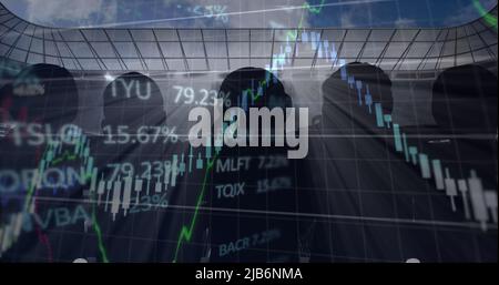 Image of graphs and data processing over spectators at sports stadium Stock Photo
