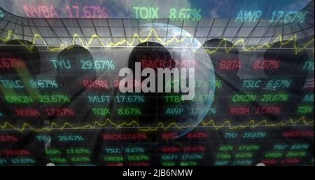Image of graphs and data processing with globe, over spectators at sports stadium Stock Photo