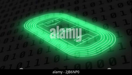 Image of neon sports stadium over binary coding Stock Photo