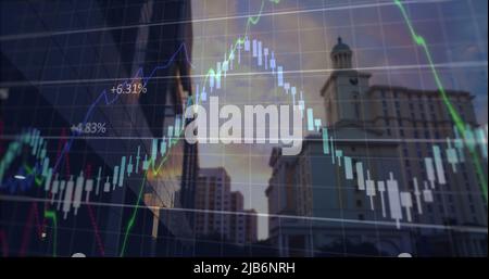 Image of financial graphs and data over cityscape Stock Photo