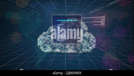 Image of digital cloud, data processing over world map Stock Photo
